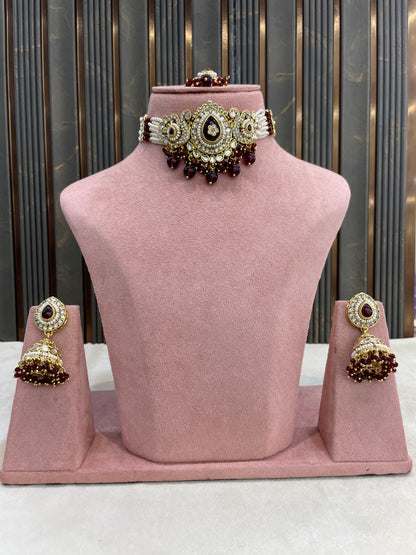 Indian Jewellery Maroon Kundan choker Set/ kundan choker Kundan Vamika Set
