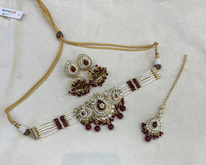 Indian Jewellery Maroon Kundan choker Set/ kundan choker Kundan Vamika Set