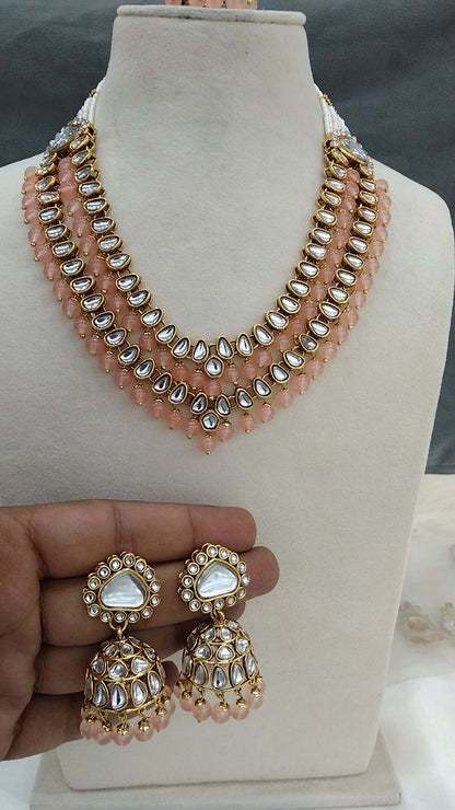 Indian Jewellery/ Gold peach Bridal Kundan layered necklace Set Indian branded Necklace set