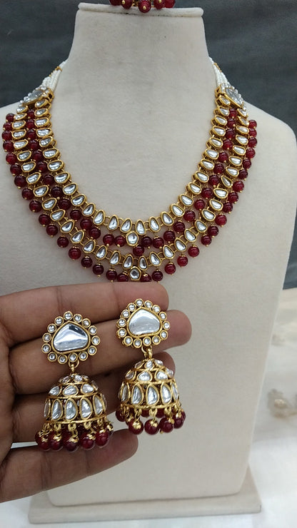 Indian Jewellery/ Gold maroon Bridal Kundan layered necklace Set Indian branded Necklace set