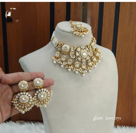 Gold White Kundan necklace Set/ kundan Indian jewellery Eisha sets
