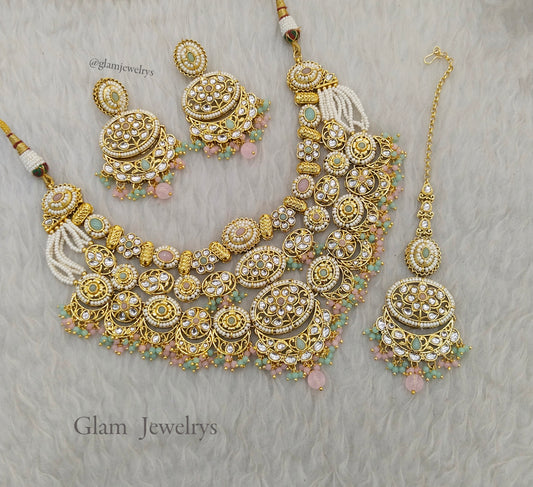 Gold Mint pink Kundan necklace Set/ kundan Indian jewellery Gargi sets