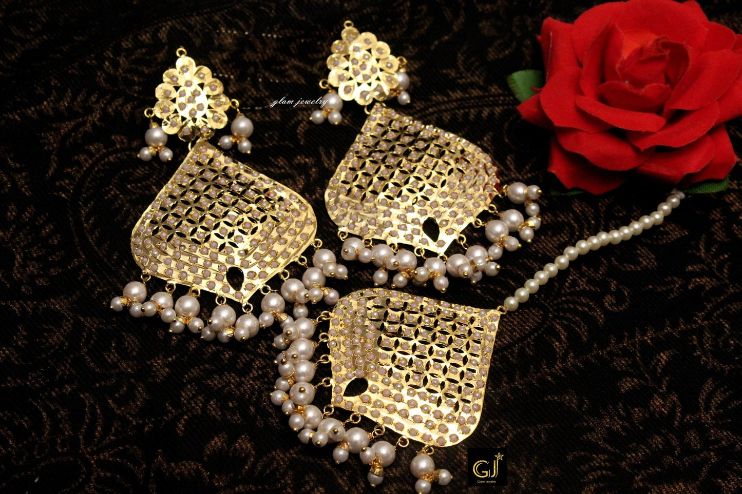 Indian Earrings Jadau Gold,Navrattan,Green  Earrings Tikka /Jadau Tikka Set/ Punjabi Indian Jewellery