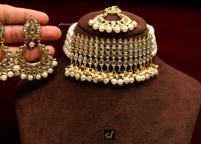 Gold White,Green,Red,Maroon Semi Bridal Kundan Choker necklace Set Indian Wedding Semi Bridal Ethnic Jewellery Necklace
