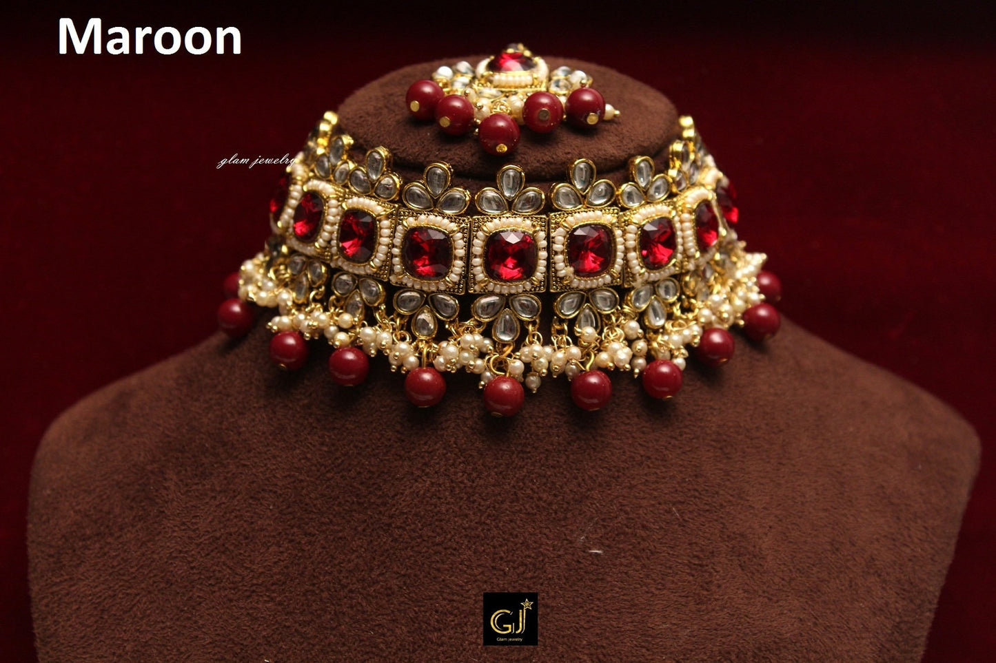 Indian  Jewellery Kundan Choker Green Marron Dark pink Bridal Wedding Bollywood Style Gold Finish Necklace Set