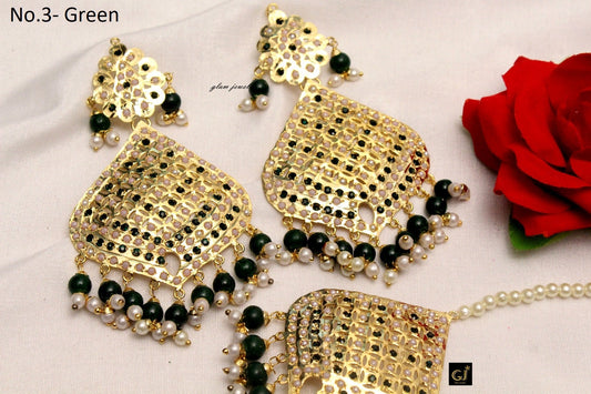 Indian Earrings Jadau Gold,Navrattan,Green  Earrings Tikka /Jadau Tikka Set/ Punjabi Indian Jewellery