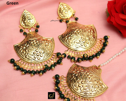 Gold Punjabi Patra Big Chandbali Earrings Tikka Marron,Peach,Multi,Dark Pink/Indian Big Earrings Tikka Set/ Indian Jewellery/Pakistani Set