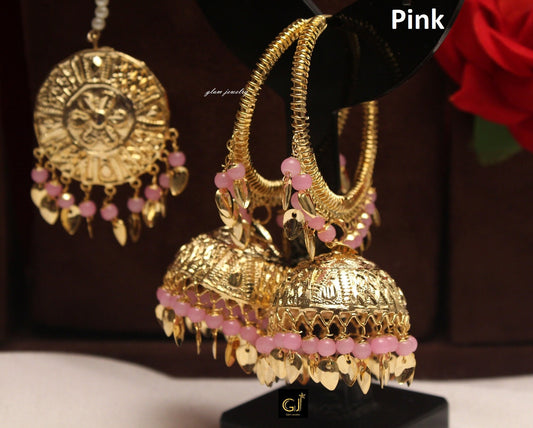 Jadau Gold,,Pink,Peach,Black Jhumka Earrings Tikka /Indian Pearl Jhumka Tikka Set/ Kundan Punjabi Indian Jewellery/Muslim Jhumki Set