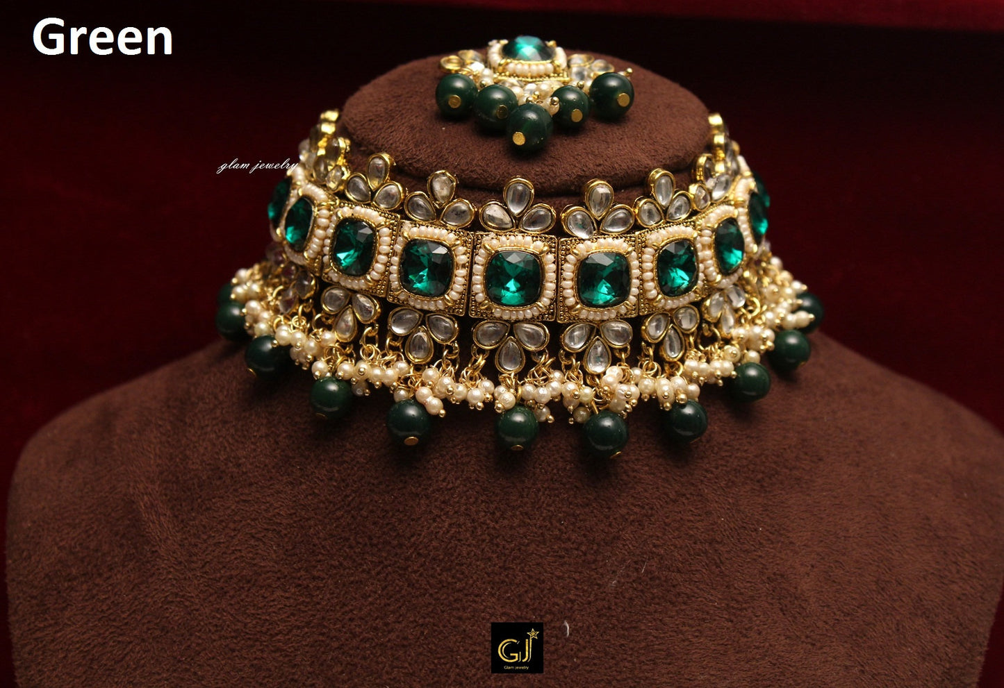 Indian  Jewellery Kundan Choker Green Marron Dark pink Bridal Wedding Bollywood Style Gold Finish Necklace Set