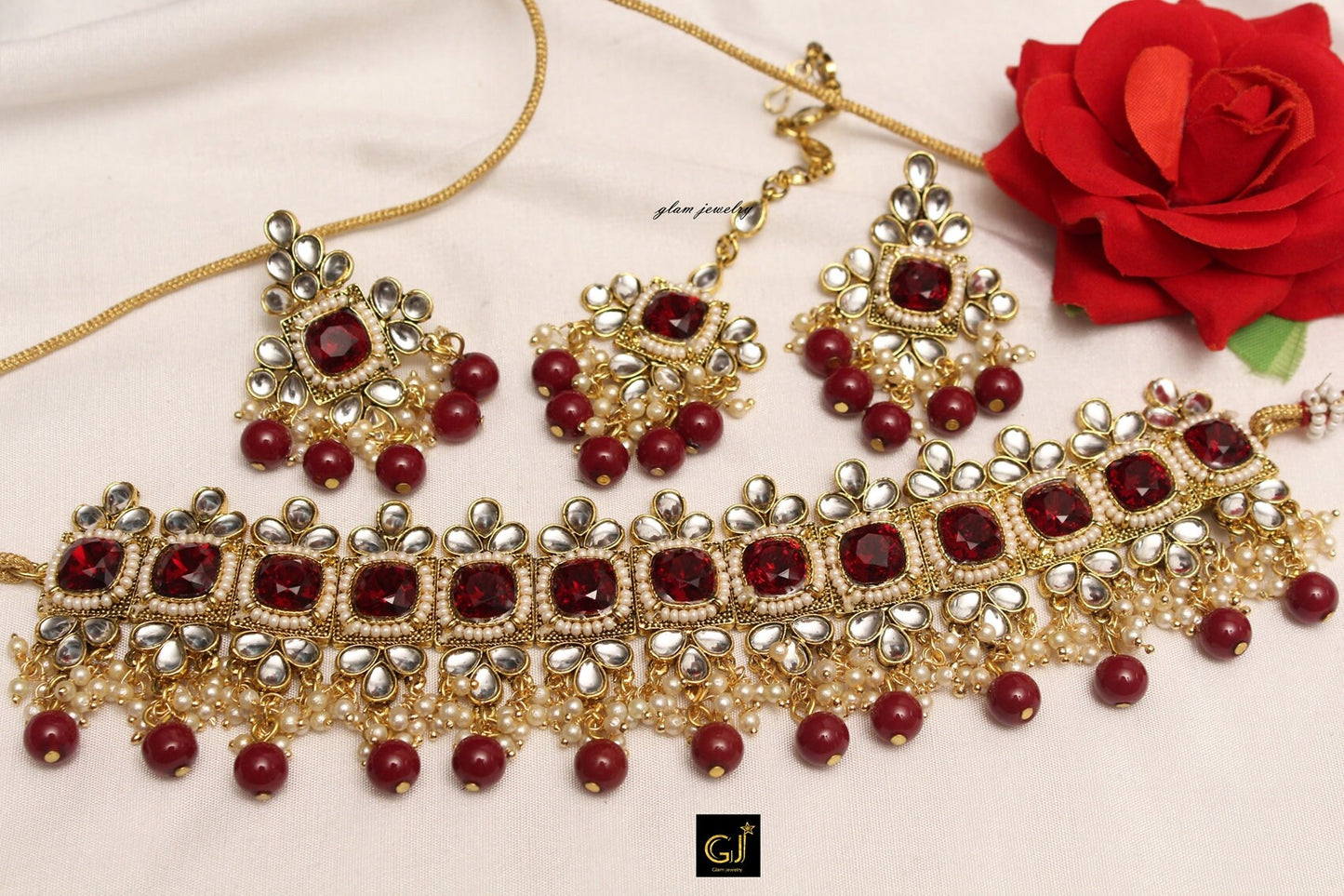 Indian  Jewellery Kundan Choker Green Marron Dark pink Bridal Wedding Bollywood Style Gold Finish Necklace Set