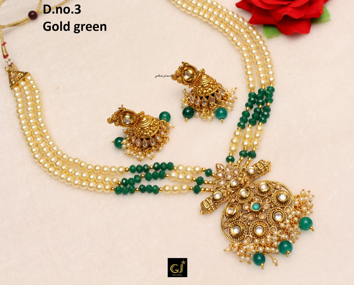 Gold Rani Haar Necklace Jewellery Set/ Ivory Gold White,Green Indian Necklace Set/ Indian Jewellery/Muslim Long Necklace Set