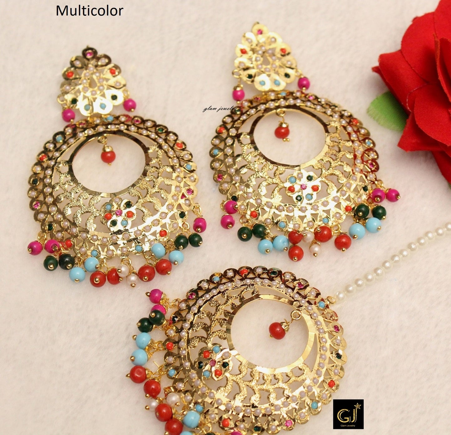 Earrings Tikka Tika Set Jadau Indian Earrings Gold Chandbali Earrings Tikka Set/Pink,Gajri,Firoja,Green Indian Tikka Set/ Punjabi Jewellery