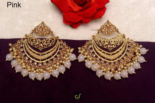 Indian Kundan Earrings Jewellery/Big Chandbali Earring/Polki Indian Pink,Punjabi Earrings situ