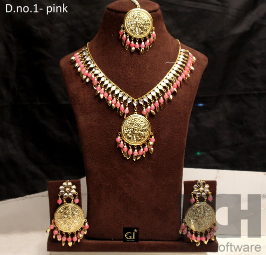 Indian Jewellery Jadau Necklace Punjabi Pipal Patti Jewelry Set/Pink, Green,Maroon Indian Bridal Wedding Bollywood Style Gold Finish Necklace