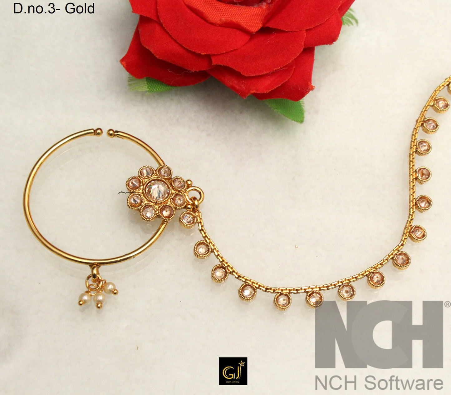 Indian Nose Ring Nath Bridal Wedding Nathini/Non Pierced Gold Plat Nose Hoop Chain/Bollywood Style Jewelry Jewellery
