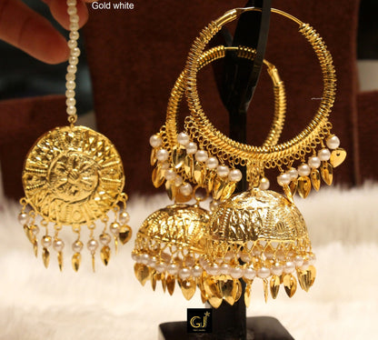 Jadau Gold,,Pink,Peach,Black Jhumka Earrings Tikka /Indian Pearl Jhumka Tikka Set/ Kundan Punjabi Indian Jewellery/Muslim Jhumki Set