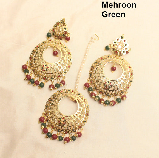 Earrings Tikka Tika Set Jadau Indian Earrings Gold Chandbali Earrings Tikka Set/Pink,Gajri,Firoja,Green Indian Tikka Set/ Punjabi Jewellery