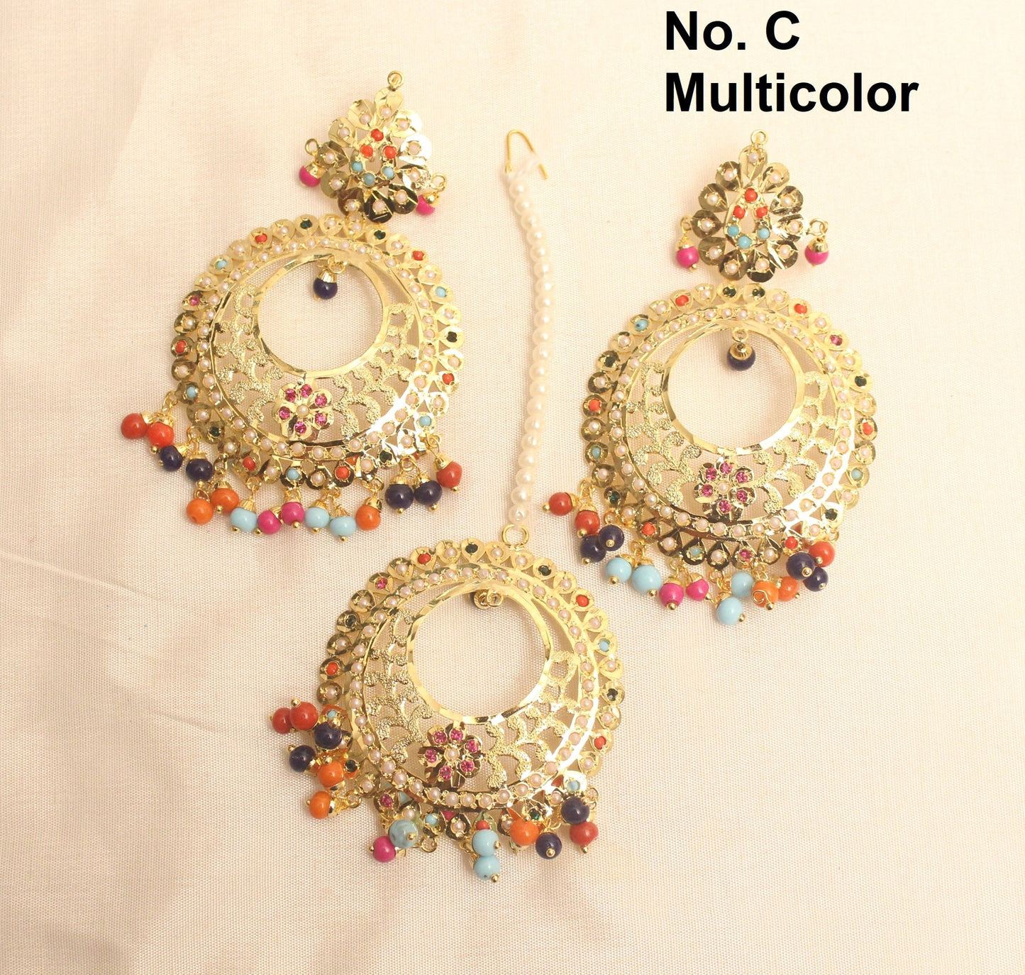 Earrings tikka tika set Jadau Indian Gold Chandbali Earrings Tikka Set/Multicolor,Firoja,Sky blue,Mehroon Indian Tikka Set/Punjabi Jewellery