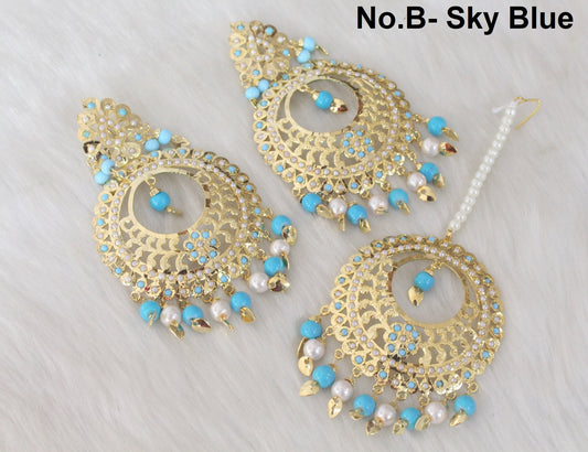 Earrings tikka tika set Jadau Indian Gold Chandbali Earrings Tikka Set/Multicolor,Firoja,Sky blue,Mehroon Indian Tikka Set/Punjabi Jewellery