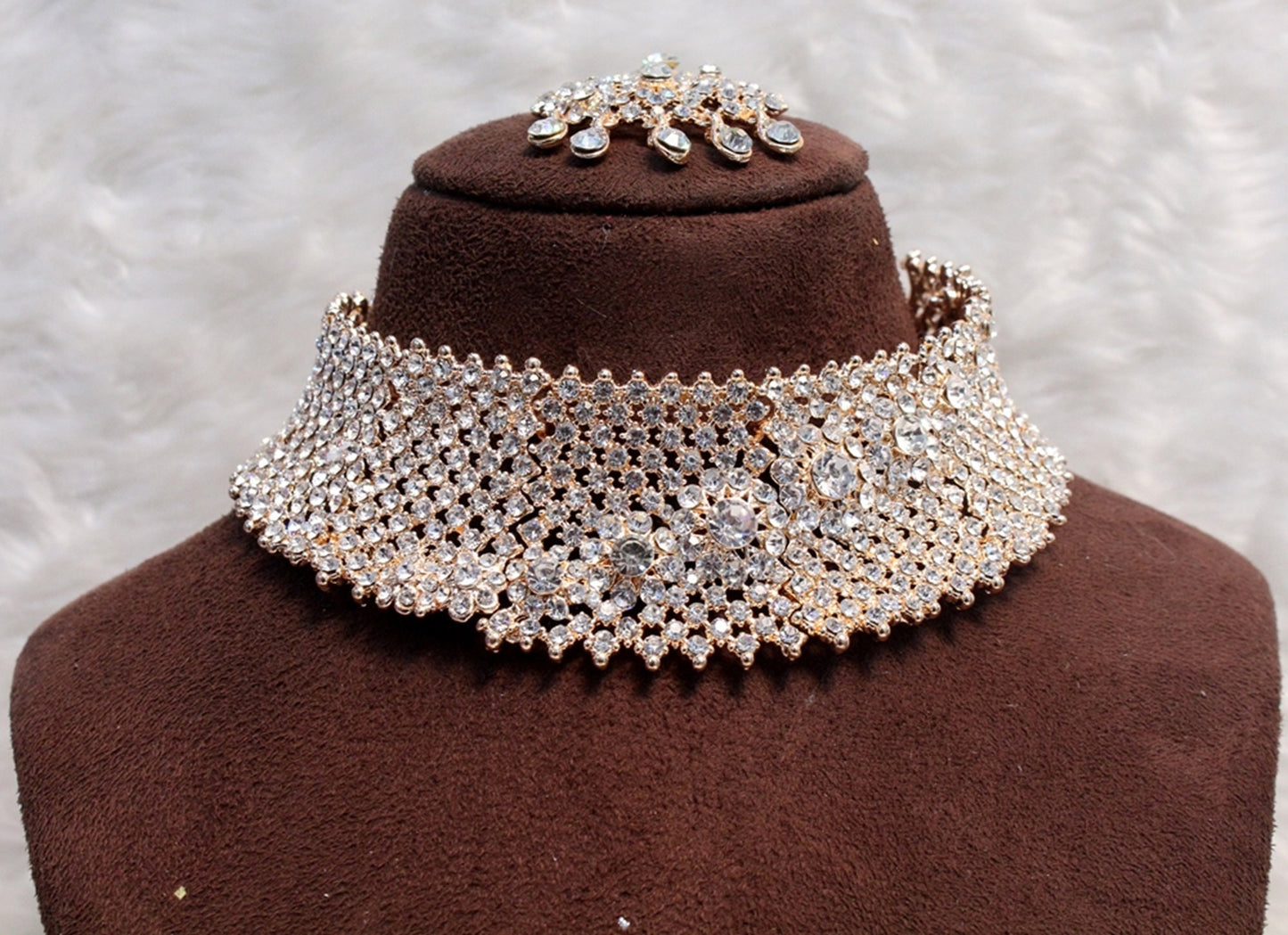 Gold Choker /Gold Carret White Choker Necklace Jewellery  Set/ Bollywood Necklace Set/Indian choker necklace set/Gold Bridesmaid Jewellery