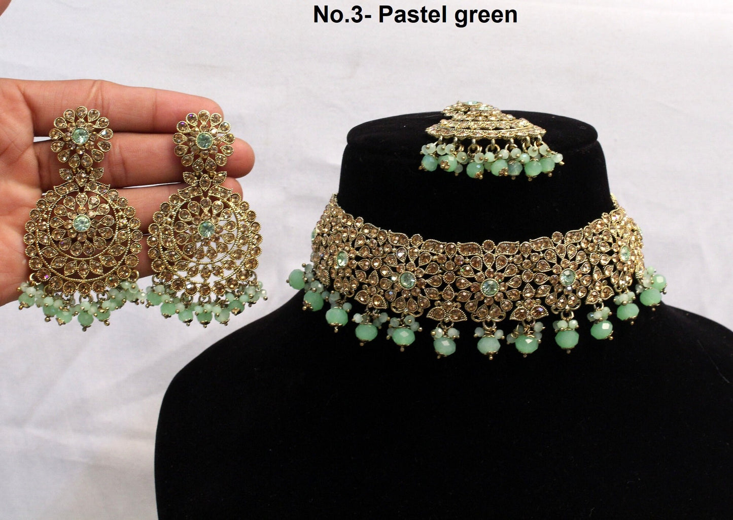 Choker Set /Antique gold, pastel green, mint color Bollywood west orange Jewellery