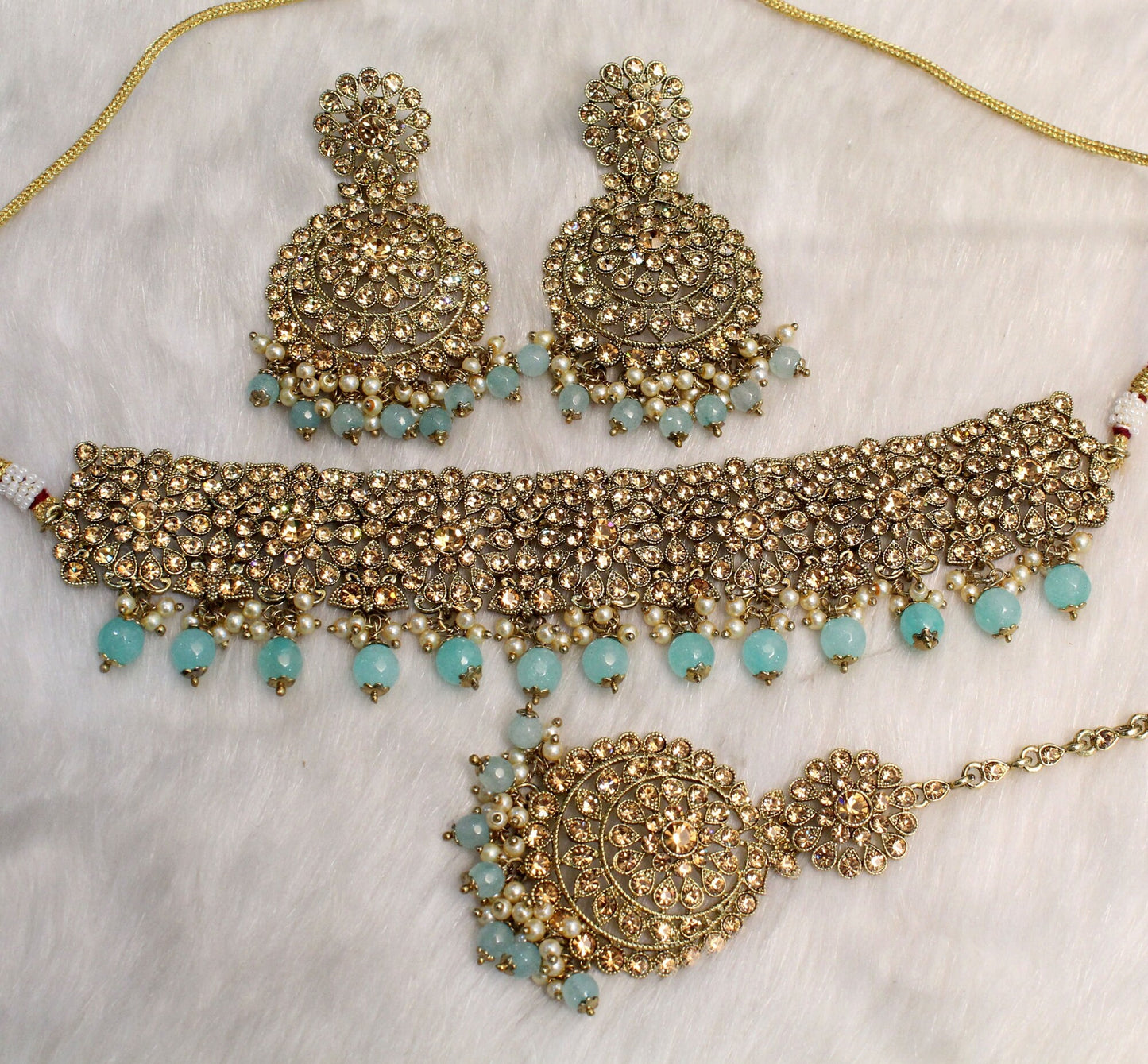 Choker Set /Antique gold, pastel green, mint color Bollywood west orange Jewellery