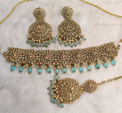 Choker Set /Antique gold, pastel green, mint color Bollywood west orange Jewellery