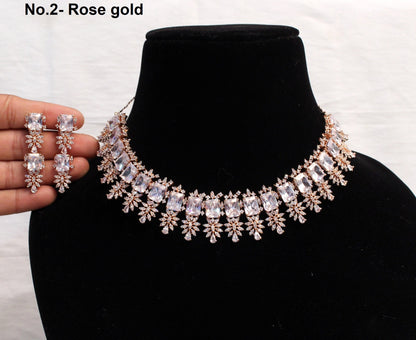 CZ Diamond necklace Earrings set, rose gold Bridal necklace earrings jewellery statement necklace earrings set