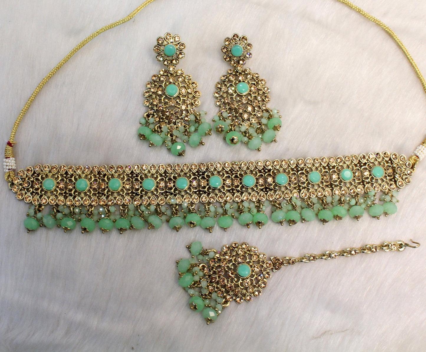 Choker Set Gold Necklace Set/ Bollywood Jewellery/pastel green Indian choker necklace set/rose gold Bridesmaid Jewellery/Women Necklace set