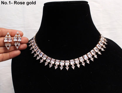 CZ Diamond necklace Earrings set, rose gold Bridal necklace earrings jewellery statement necklace earrings set
