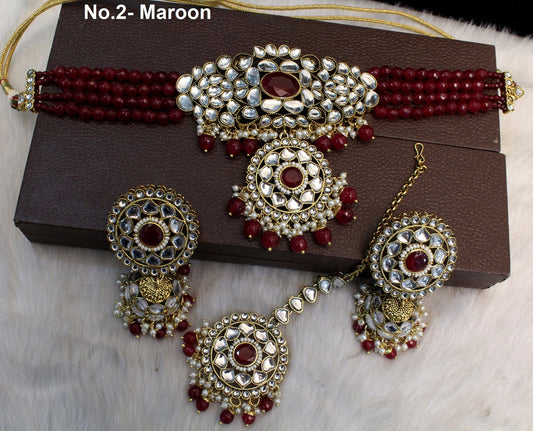 Buy Bridal kundan Choker Set Necklace Earrings Set/Gold white, Maroon, Green choker set Indian Jewellery many Necklace Set