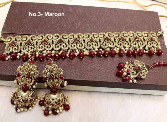 Choker Set Gold Necklace Set/Bollywood Jewellery/green,mint,maroon,gajri Indian choker necklace set/Bridesmaid Jewellery/Women Necklace set