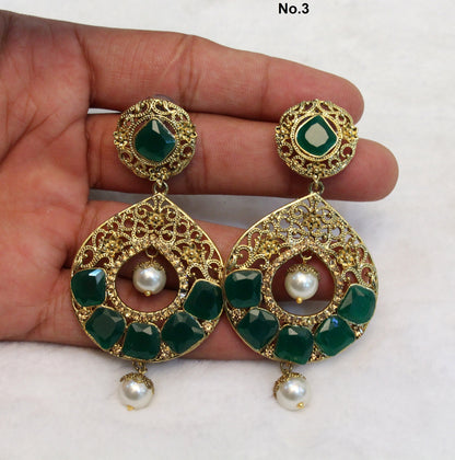 Indian Jewellery/Gold Earrings green chand balli Set/Indian Earrings Punjabi Bollywood Set Jewellery/Pakistani Punjabi Bollywood Set