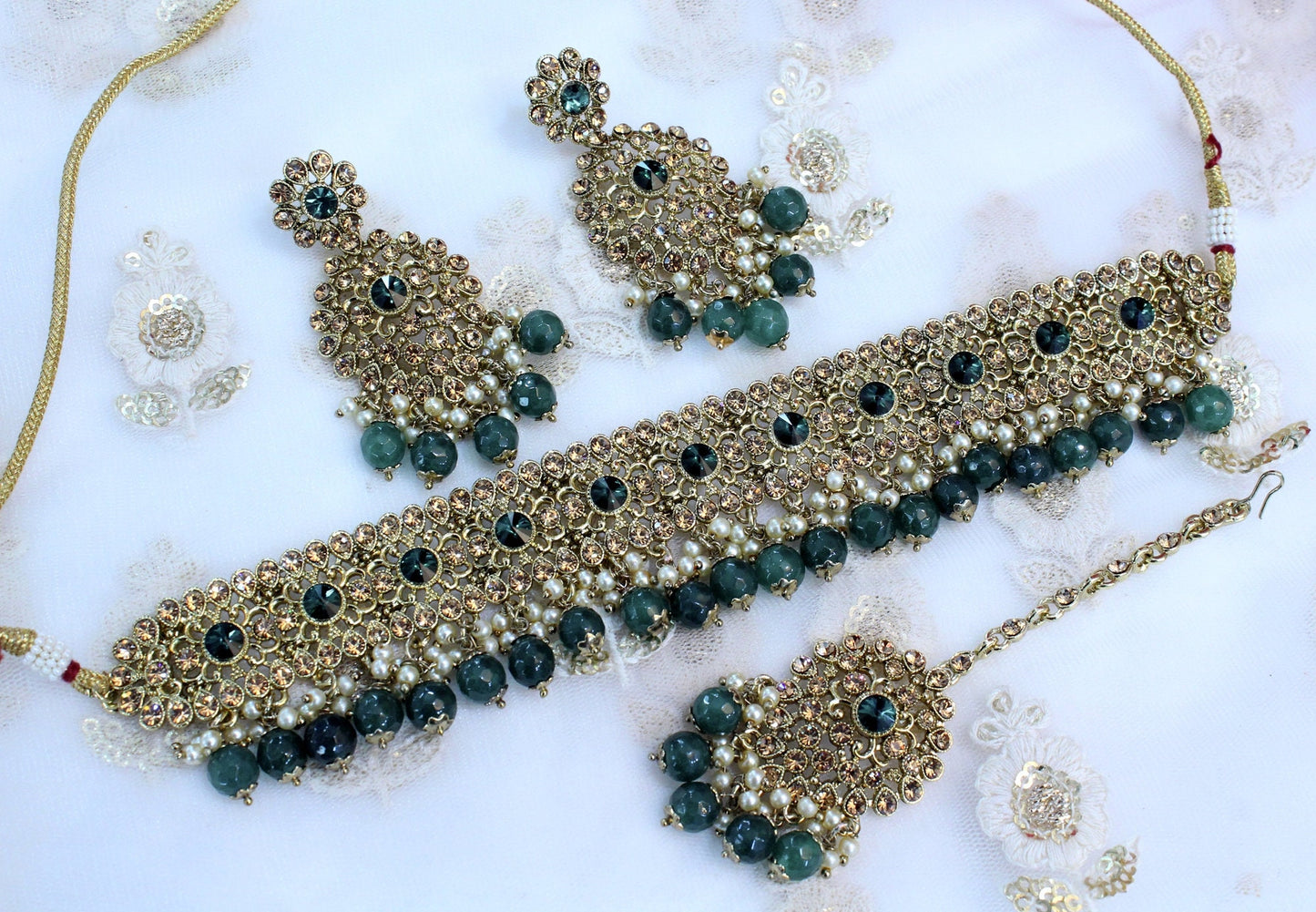 Choker Set Gold Necklace Set/ Bollywood Jewellery/pastel green Indian choker necklace set/rose gold Bridesmaid Jewellery/Women Necklace set
