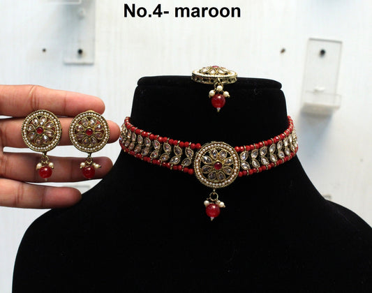 Indian Jewellery Kundan Choker Set/Antique Gold Necklace Studs Earrings Set/Gold Indian Bollywood Necklace Set Jewellery/Indian Necklace Set