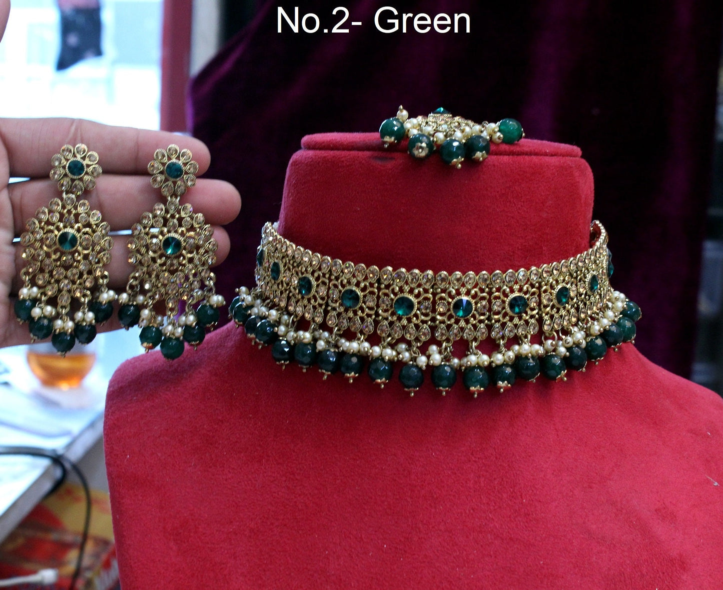 Choker Set Gold Necklace Set/ Bollywood Jewellery/pastel green Indian choker necklace set/rose gold Bridesmaid Jewellery/Women Necklace set
