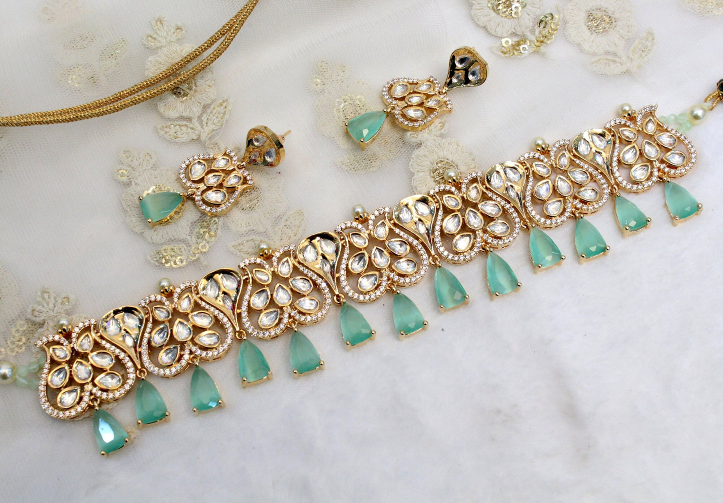 kundan Choker Set Necklace Earrings Set/Gold Mint choker set Indian Jewellery Necklace Set/Indian Choker Set