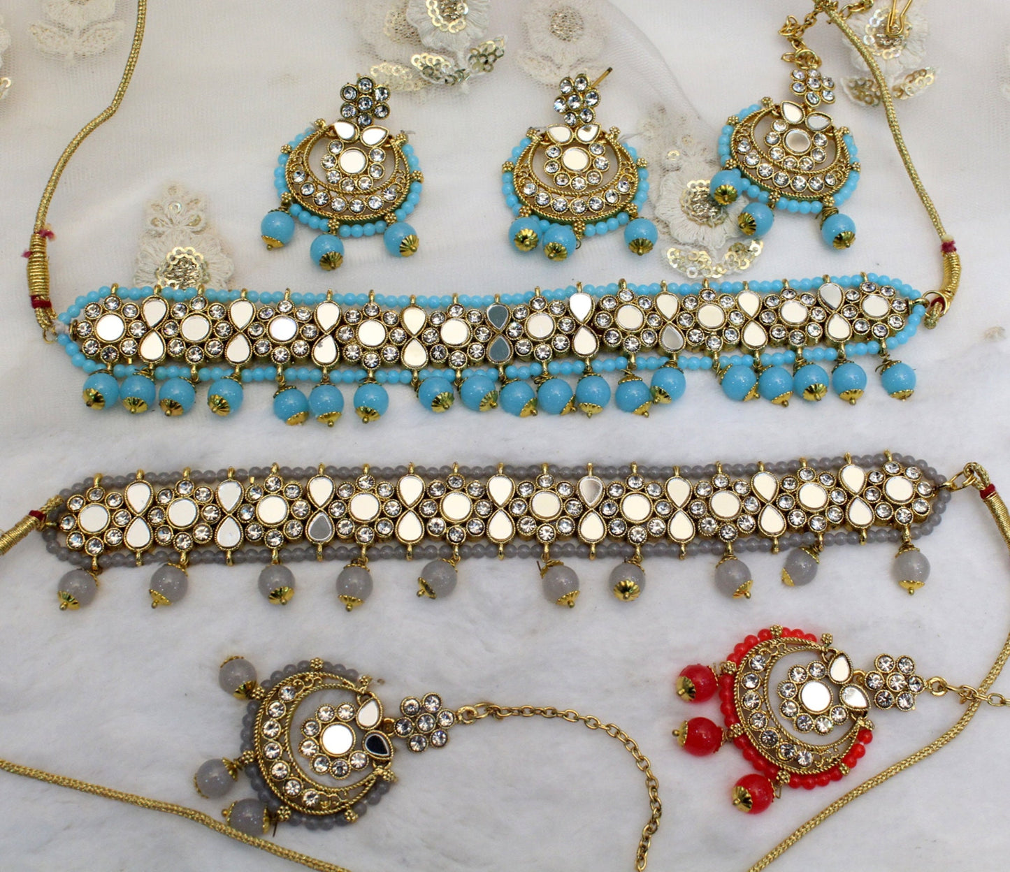 Indian  Jewellery mirror Kundan Choker Bridal Wedding Bollywood Style Gold Finish choker Set/ Red, grey, firoji Choker set