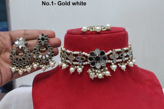 Indian  Jewellery mirror Kundan Choker Bridal Wedding Bollywood Style Gold Finish choker Set/ Gold Choker set