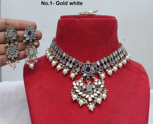 Indian  Jewellery mirror Kundan necklace set Bridal Wedding Bollywood Style Gold Finish choker Set/ Gold Choker set