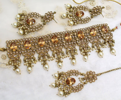 Indian  Jewellery/Dark gold,  Mint choker Set/Bollywood Gold Indian  Jewellery Set /Bridesmaid sets