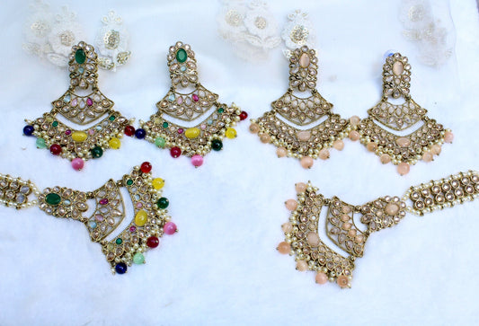 Indian Jewellery/Chandbali Indian Earrings/Indian Antique gold  Bridal Earrings Tikka Set Jewellery/ Bollywood Jewellery/ Earrings Tikka