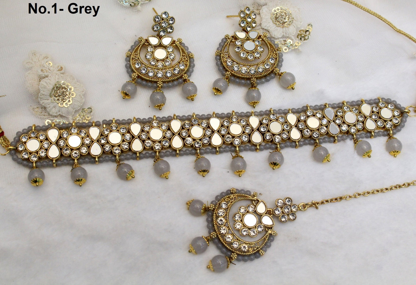 Indian  Jewellery mirror Kundan Choker Bridal Wedding Bollywood Style Gold Finish choker Set/ Red, grey, firoji Choker set