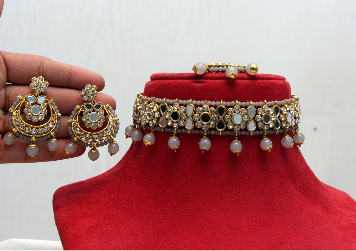 Indian  Jewellery mirror Kundan Choker Bridal Wedding Bollywood Style Gold Finish choker Set/ Red, grey, firoji Choker set