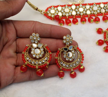 Indian  Jewellery mirror Kundan Choker Bridal Wedding Bollywood Style Gold Finish choker Set/ Red, grey, firoji Choker set