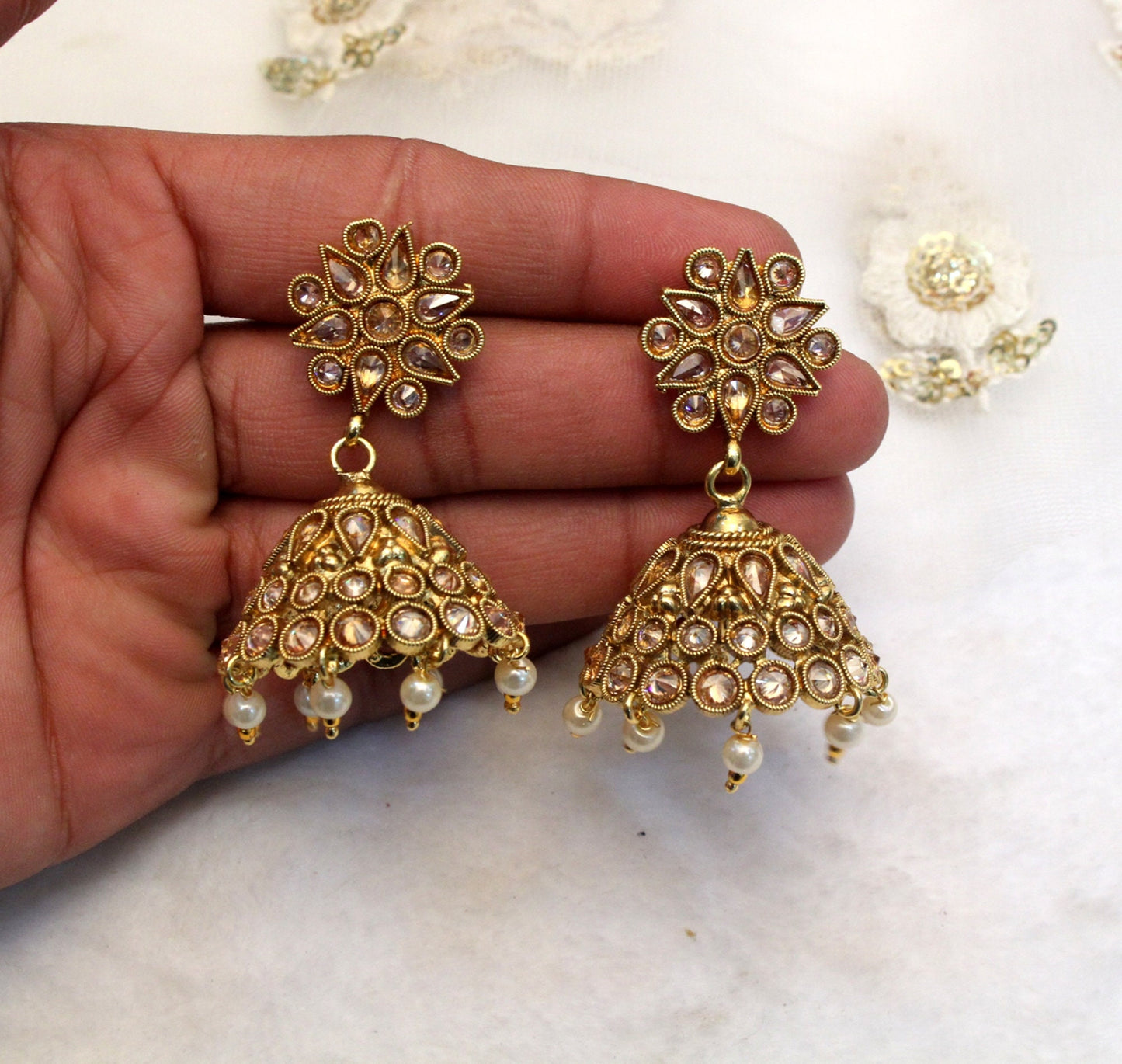 Jhumka Indian Earrings Indian Gold Earrings Jewellery/Indian Pearl Jhumka Set/Punjabi Indian Jewellery/Muslim Jhumki Set