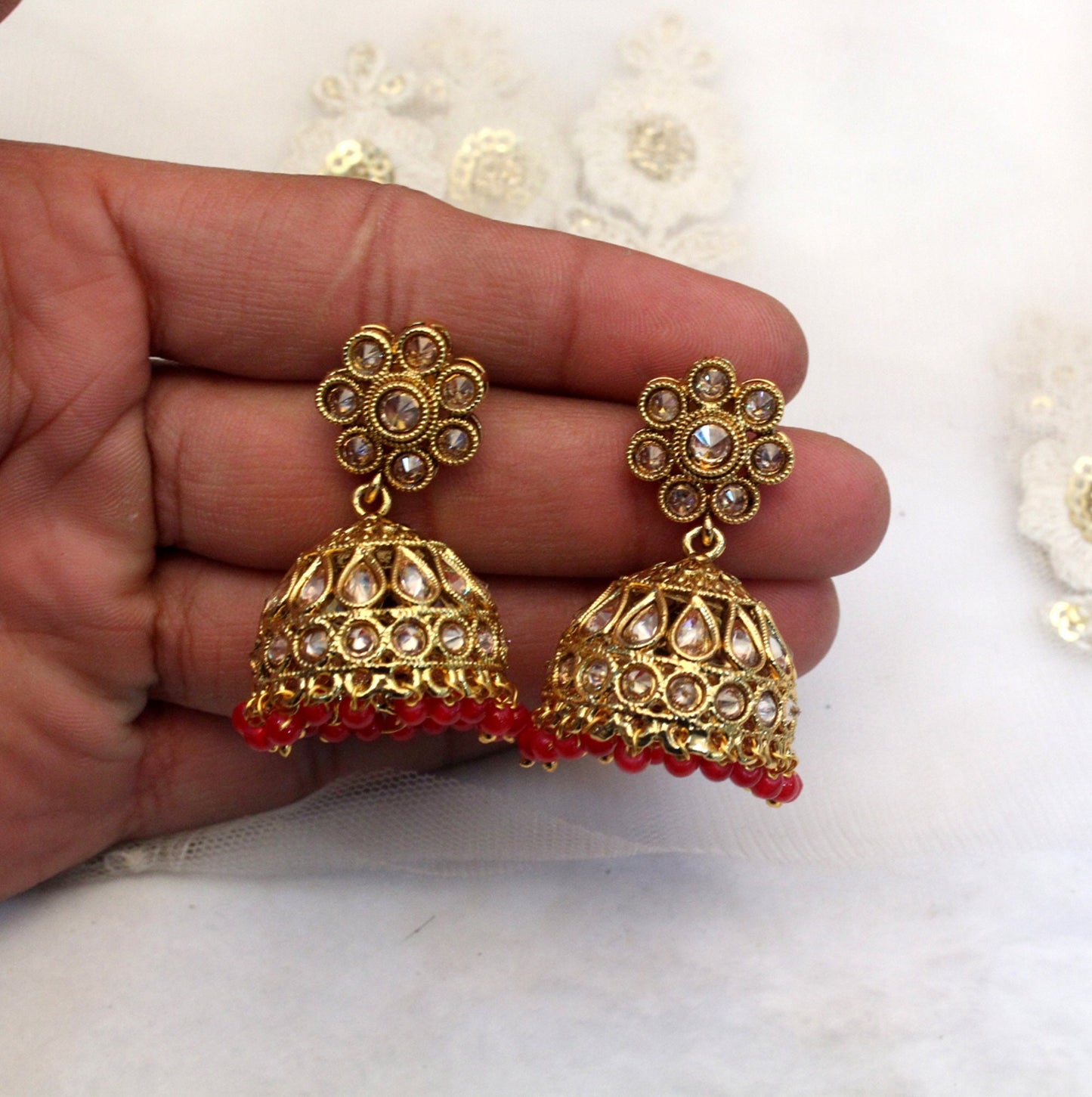 Jhumka Indian Earrings Indian Gold Green,Ruby Green, Earrings Jewelry/Indian Pearl Jhumka Set/Punjabi Indian Jewellery/Muslim Jhumki Set