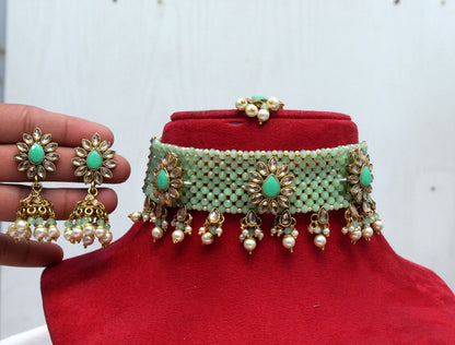 Indian Jewellery Kundan choker set Necklace Set/Bollywood dark gold, pastel green, gajjri, maroon choker  Necklace Jewellery Set