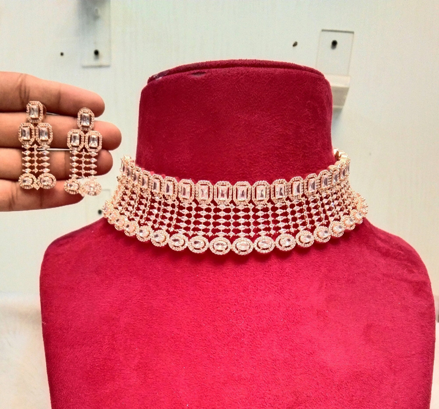 Cubic Zirconia Diamond choker Earrings set, silver, rose gold Bridal choker earrings jewellery statement necklace set CZ choker necklace set