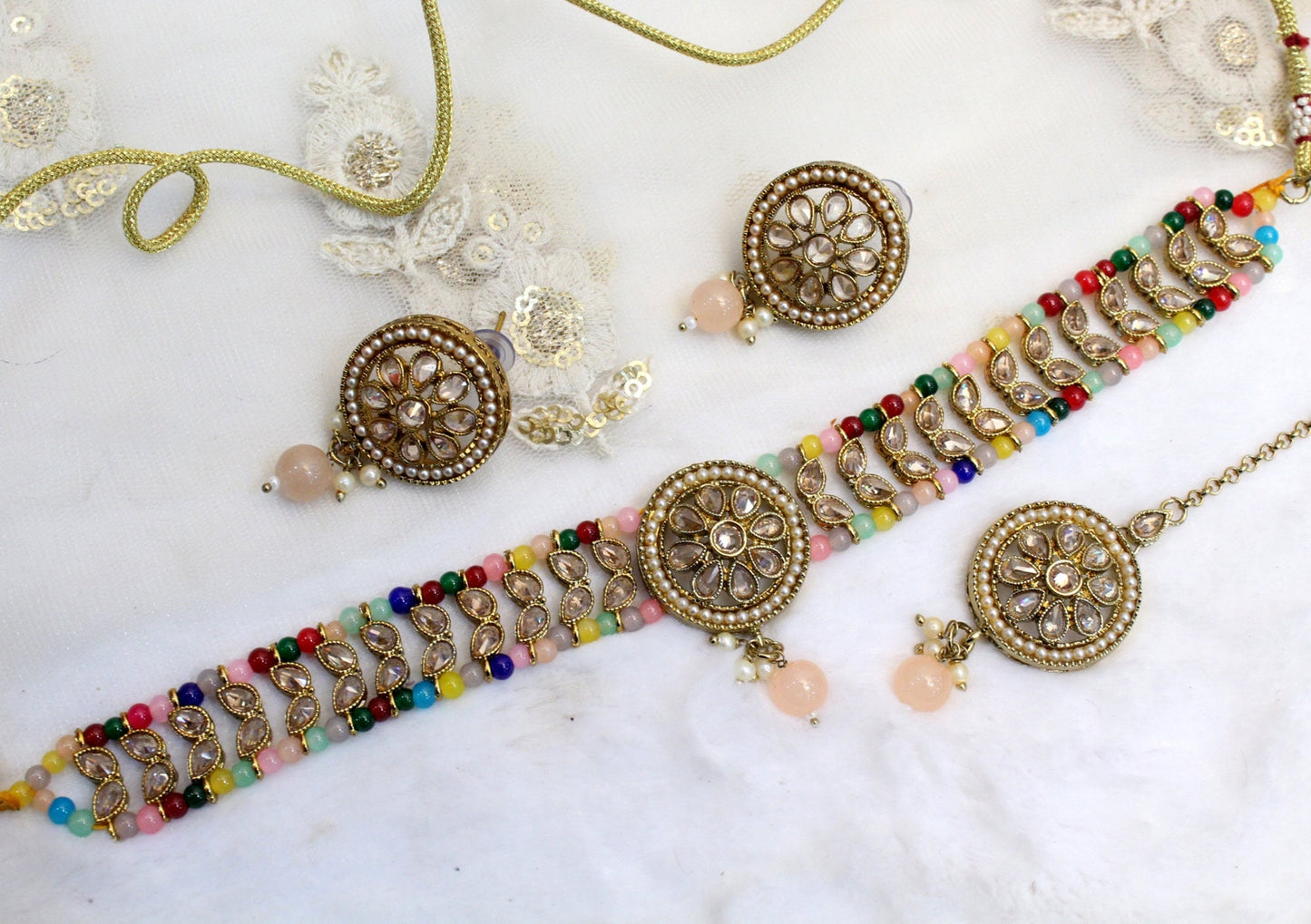 Indian Jewellery Choker Set/Antique Gold silver choker Studs Earrings Set/Gold Indian Bollywood Necklace rita Set